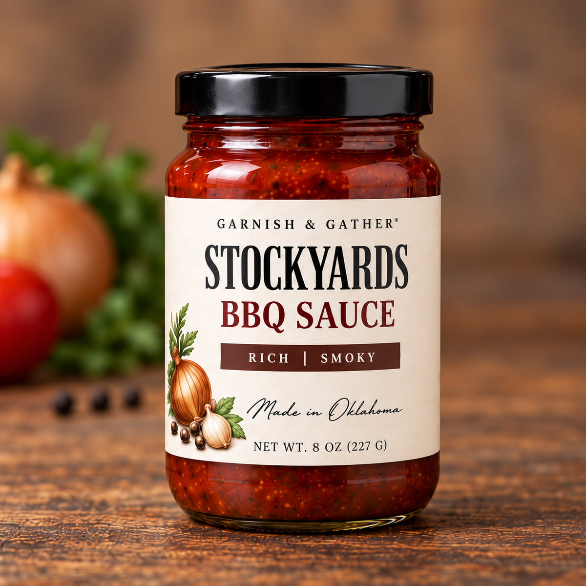 Stockyards BBQ Sauce – Rich | Smoky – 8 oz jar with the new Garnish & Gather label