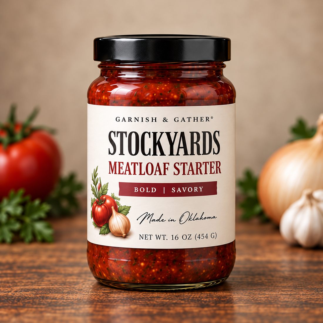 Garnish & Gather Stockyards Meatloaf Starter, 16 oz jar with a black lid and ivory label featuring tomato, onion, and herb artwork.