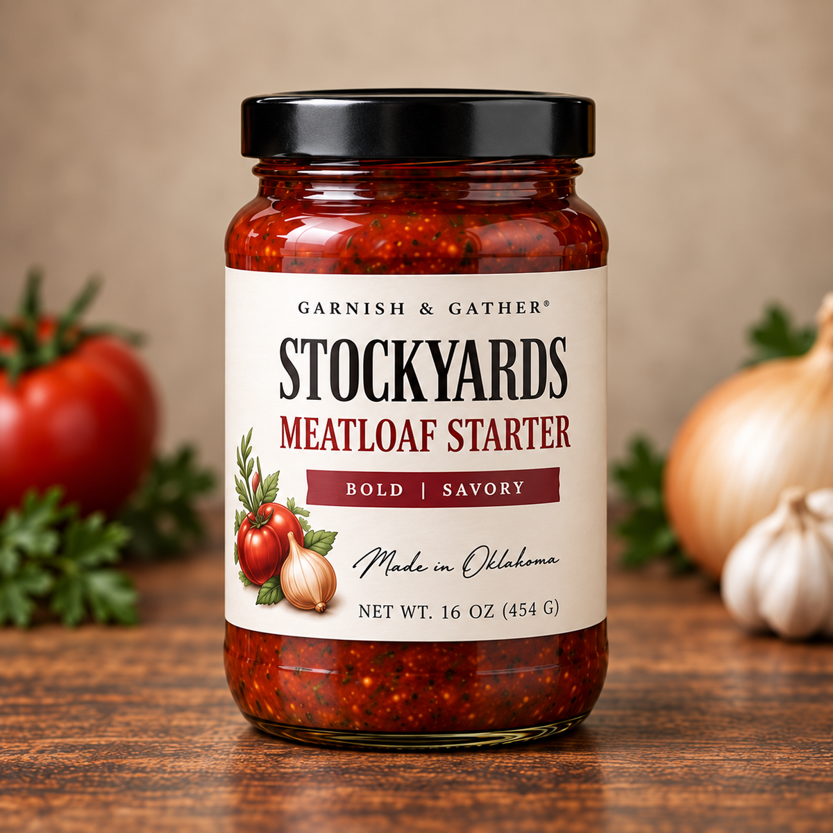 Garnish & Gather Stockyards Meatloaf Starter, 16 oz jar with a black lid and ivory label featuring tomato, onion, and herb artwork.