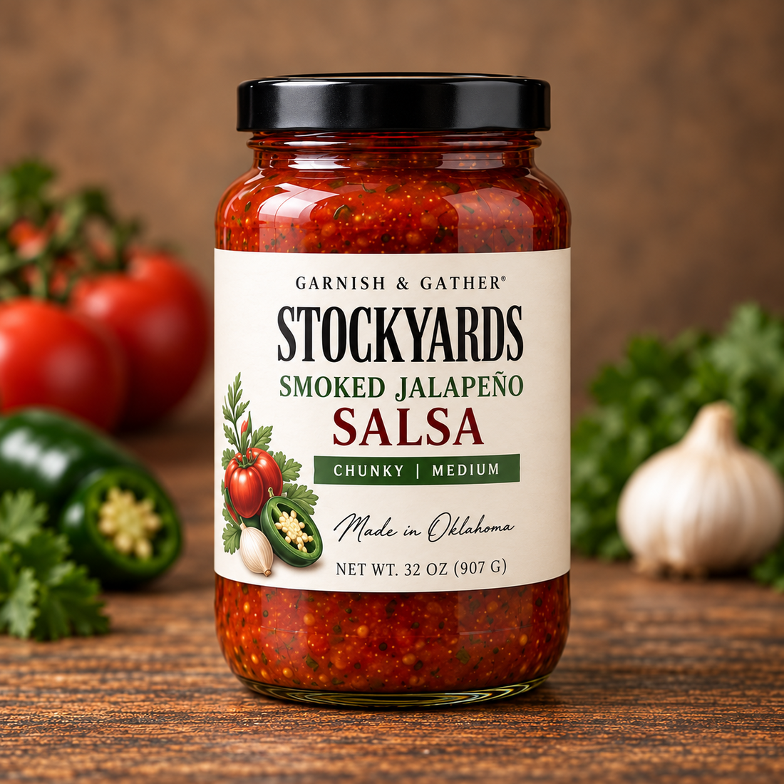 Garnish & Gather Stockyards Smoked Jalapeño Salsa, 32 oz jar with a black lid and vegetable artwork.