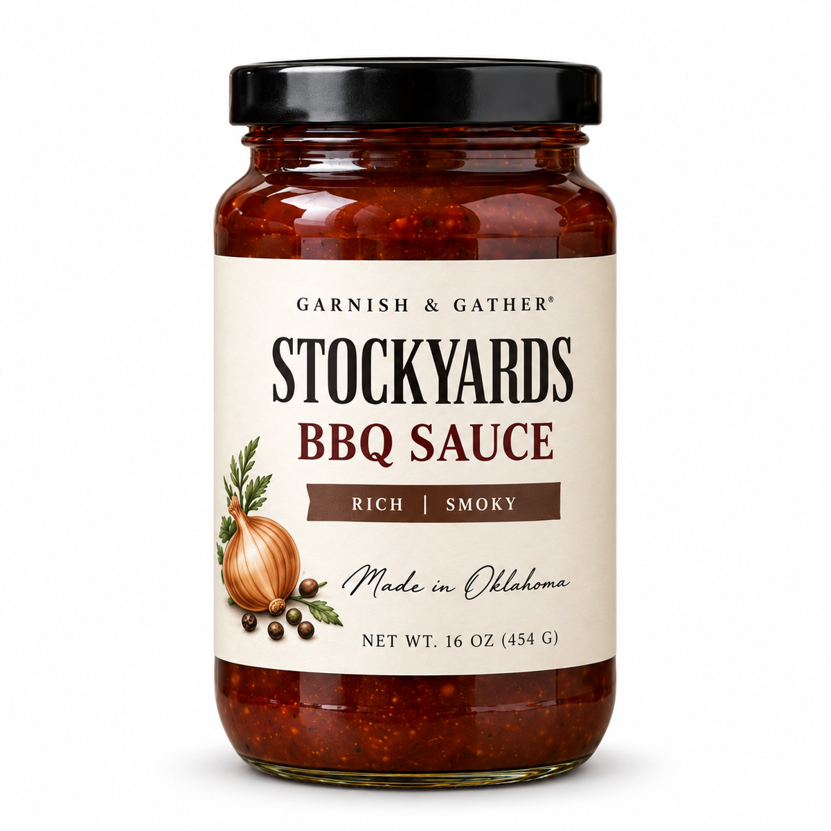 Stockyards BBQ Sauce – Rich | Smoky – 16 oz jar with the new Garnish & Gather label