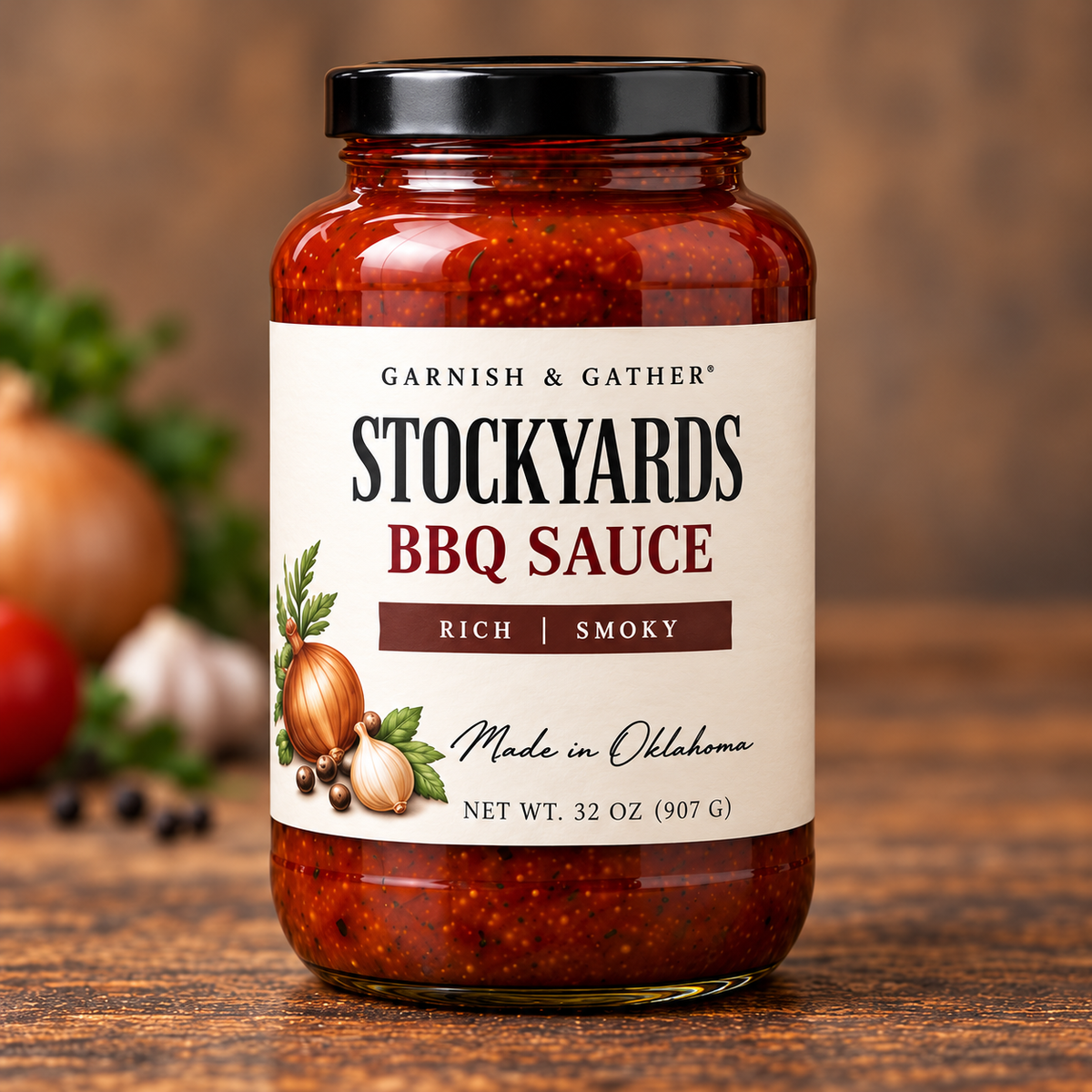 Stockyards BBQ Sauce – Rich | Smoky – 32 oz jar with the new Garnish & Gather label