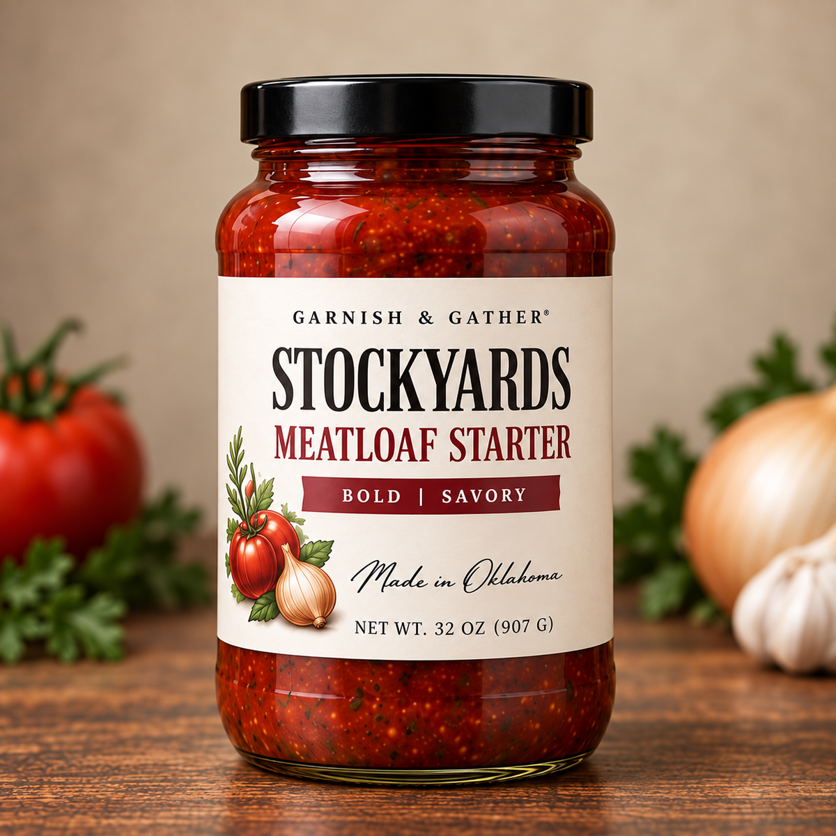 Garnish & Gather Stockyards Meatloaf Starter, 32 oz jar with a black lid and ivory label featuring tomato, onion, and herb artwork.