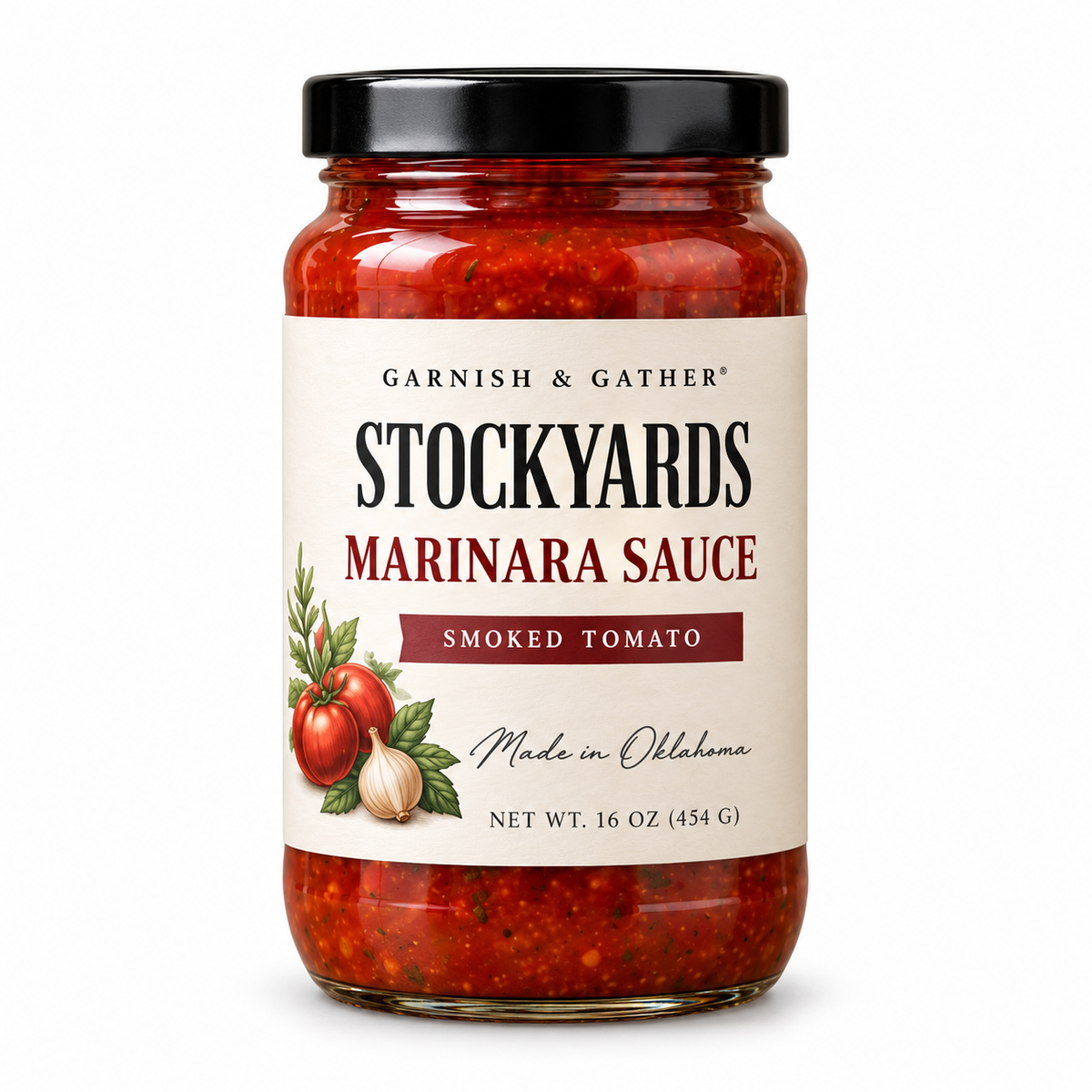 Garnish & Gather Stockyards Smoked Tomato Marinara Sauce, 16 oz jar with a black lid, ivory label, and tomato, garlic, and herb artwork.