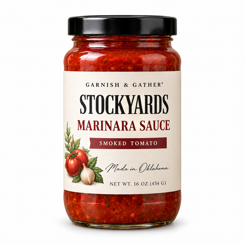 Garnish & Gather Stockyards Smoked Tomato Marinara Sauce, 16 oz jar with a black lid, ivory label, and tomato, garlic, and herb artwork.