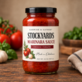 Garnish & Gather Stockyards Smoked Tomato Marinara Sauce, 32 oz jar with a black lid, ivory label, and tomato, garlic, and herb artwork.