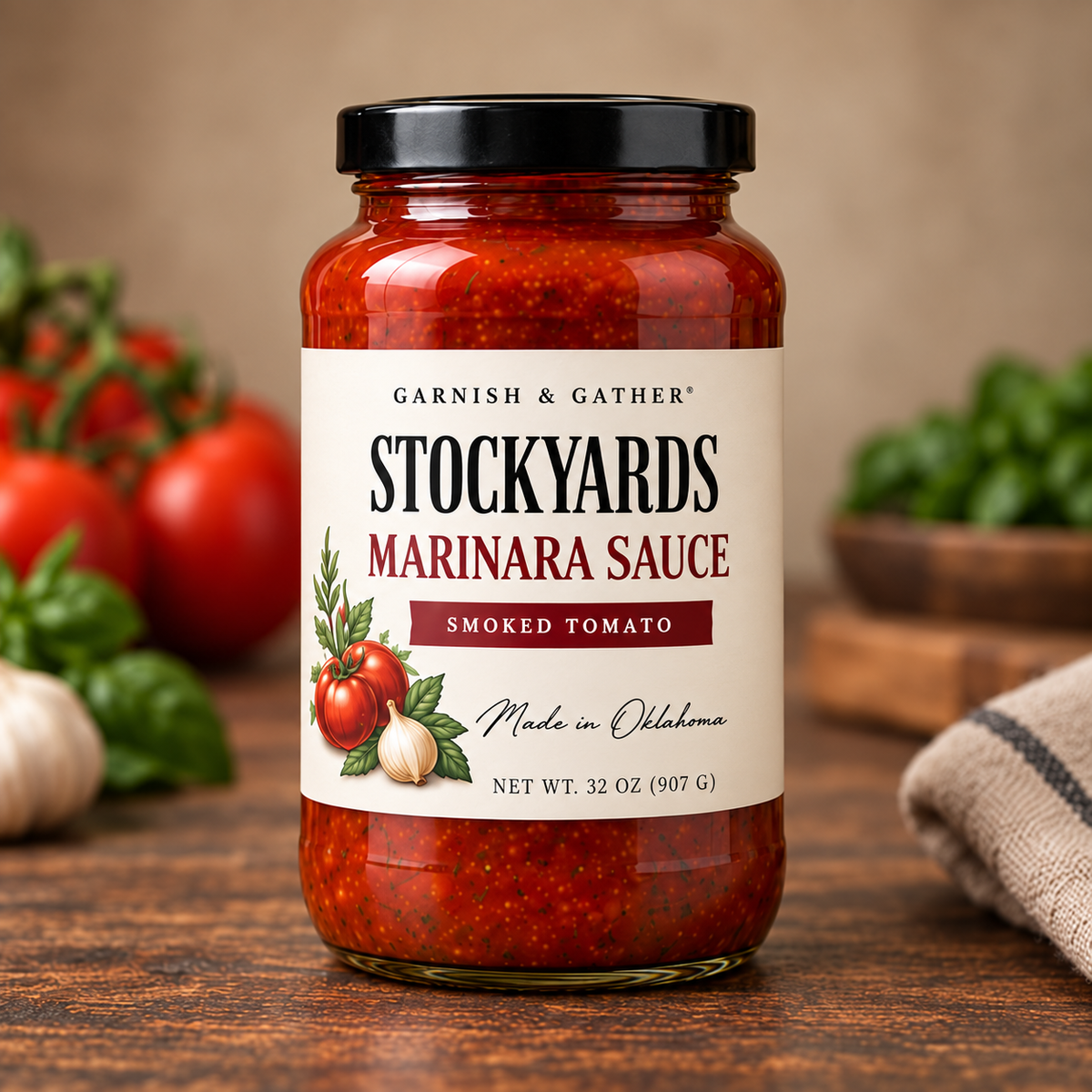 Garnish & Gather Stockyards Smoked Tomato Marinara Sauce, 32 oz jar with a black lid, ivory label, and tomato, garlic, and herb artwork.