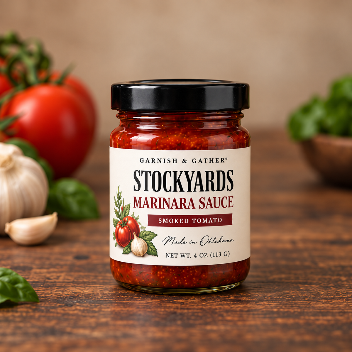 Garnish & Gather Stockyards Smoked Tomato Marinara Sauce, 4 oz jar with a black lid, ivory label, and tomato, garlic, and herb artwork.