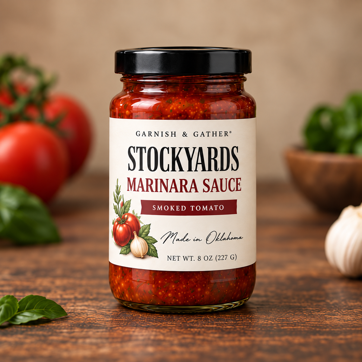 Garnish & Gather Stockyards Smoked Tomato Marinara Sauce, 8 oz jar with a black lid, ivory label, and tomato, garlic, and herb artwork.