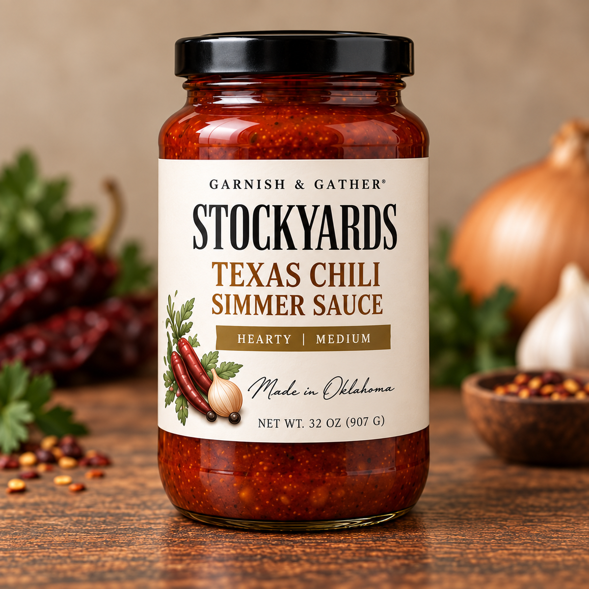 Garnish & Gather Stockyards Texas Chili Simmer Sauce, 32 oz jar with a black lid, chili pepper and onion artwork, and a Hearty | Medium label.
