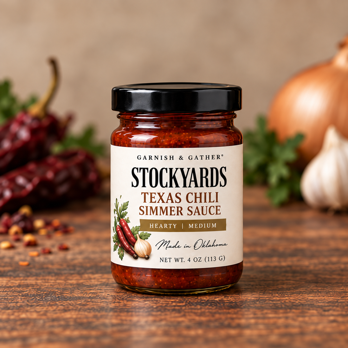 Garnish & Gather Stockyards Texas Chili Simmer Sauce, 4 oz jar with a black lid, chili pepper and onion artwork, and a Hearty | Medium label.