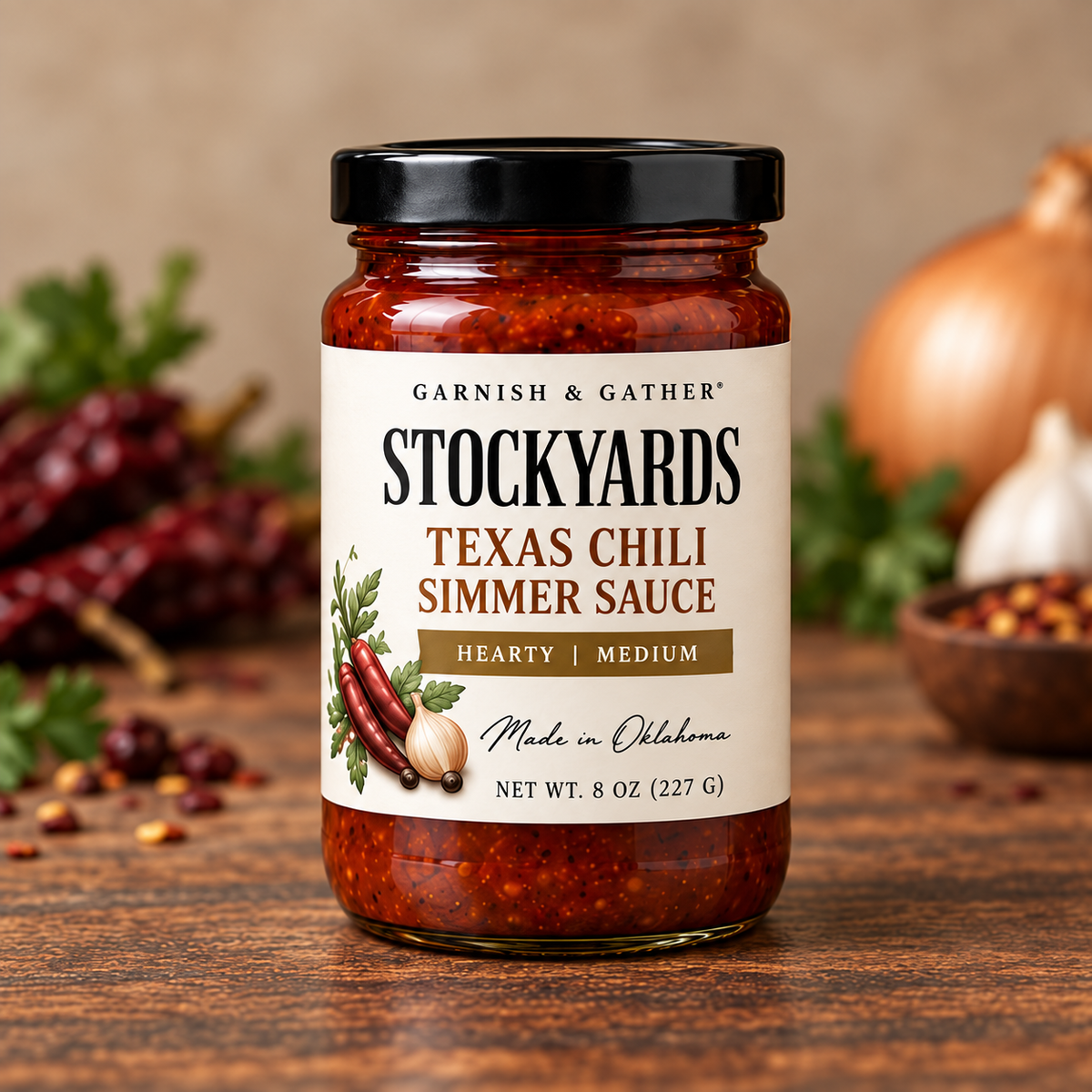 Garnish & Gather Stockyards Texas Chili Simmer Sauce, 8 oz jar with a black lid, chili pepper and onion artwork, and a Hearty | Medium label.